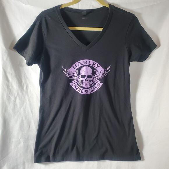Harley Owners Group Women’s V-Neck T-Shirt M Black Skull Wings Biker Tee... - Picture 1 of 7